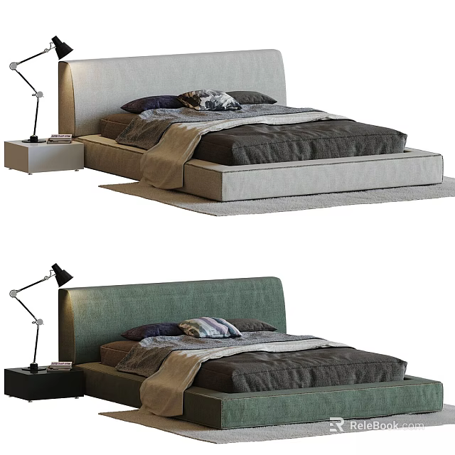 Modern Upholstered Bed With Green Gray Headboard Bedside Lamp And Pillows 3d model 