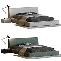 Modern Upholstered Bed With Green Gray Headboard Bedside Lamp And Pillows