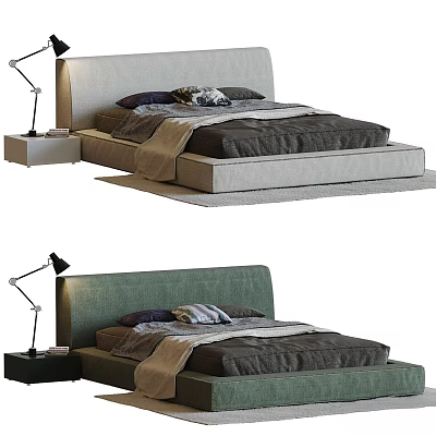 Modern Upholstered Bed With Green Gray Headboard Bedside Lamp And Pillows 3d model