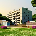 Modern Industrial Factory Building with Green Lawn Security Booth Purple Flowers and Trees