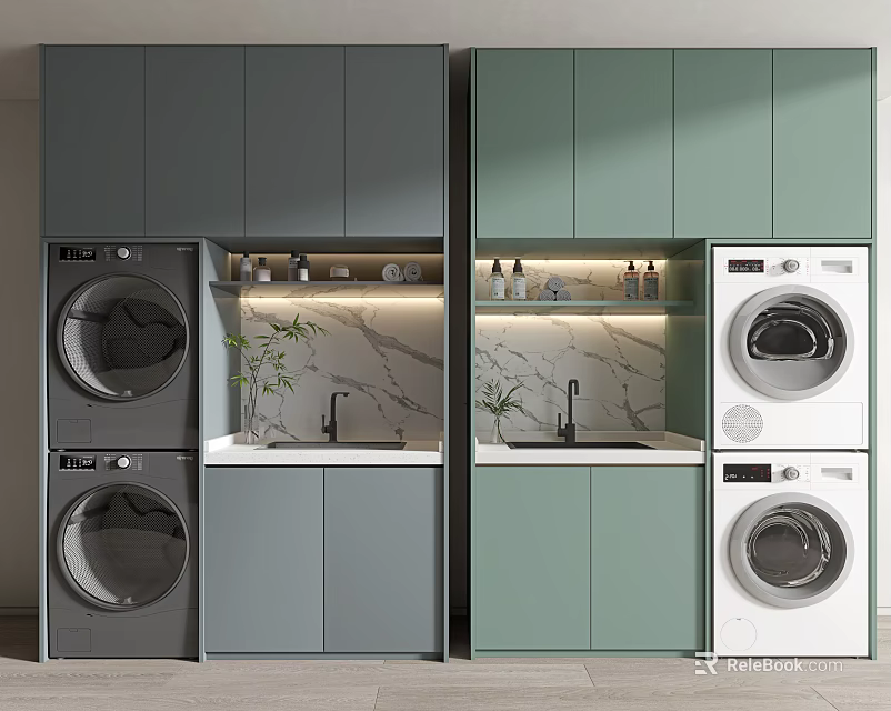 Gray and Green Modern Bathroom Cabinetry with Marble Countertops Faucets and Washing Machines 3d model 