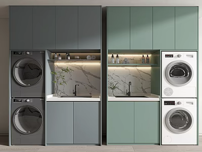 Gray and Green Modern Bathroom Cabinetry with Marble Countertops Faucets and Washing Machines 3d model