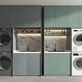 Gray and Green Modern Bathroom Cabinetry with Marble Countertops Faucets and Washing Machines