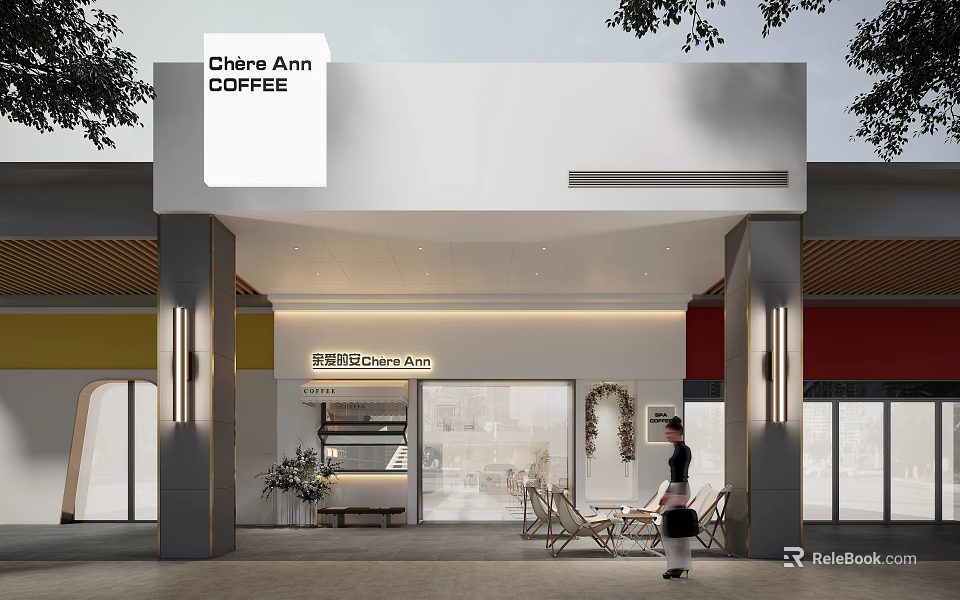 Chloe Ann Coffee Shop Modern Storefront With Glass Door And Outdoor Seating 3d model 