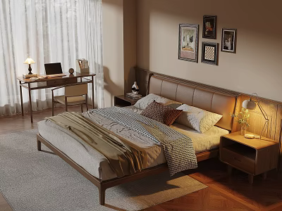 Modern Bedroom Interior With Bed Nightstand Desk And Framed Pictures On Wall 3d model