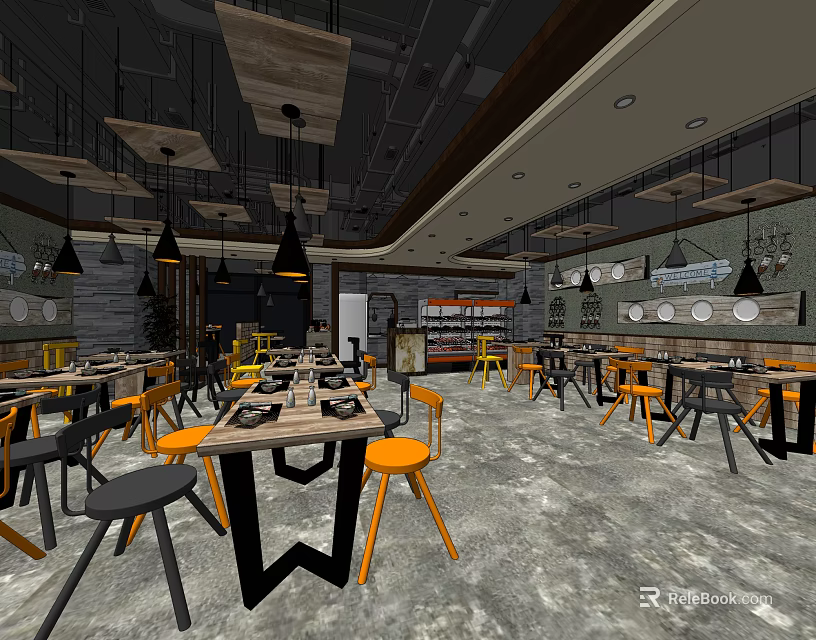 Modern Restaurant Interior With Wooden Tables Orange Chairs And Black Pendant Lights 3d model 