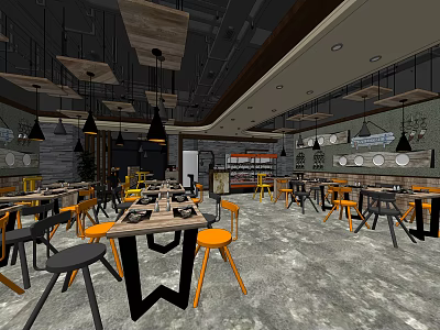 Modern Restaurant Interior With Wooden Tables Orange Chairs And Black Pendant Lights 3d model