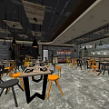 Modern Restaurant Interior With Wooden Tables Orange Chairs And Black Pendant Lights