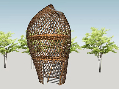 Unique Bamboo Woven Tower Structure With Curved Design And Green Trees 3d model