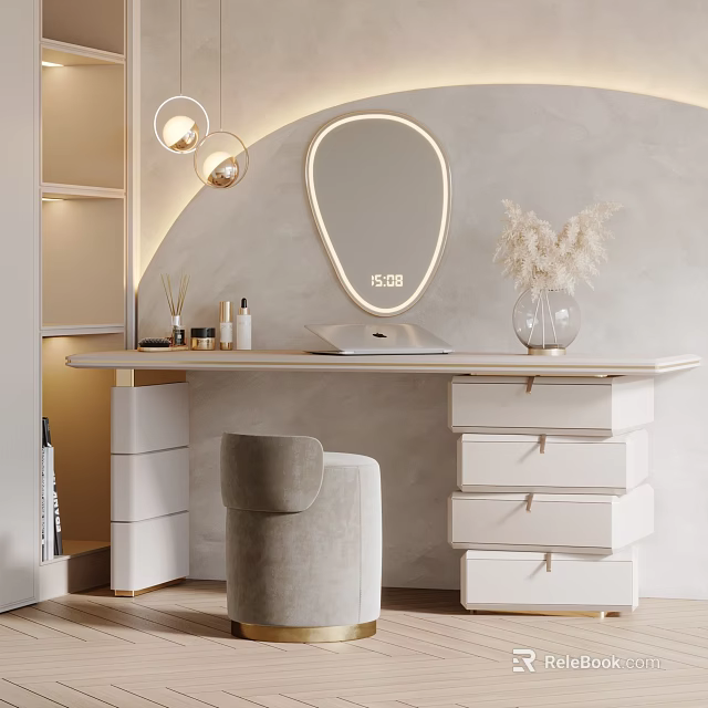 Modern Dressing Table With Oval Mirror Digital Clock Vase Dried Pampas Grass And Skincare Products 3d model 