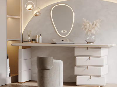 Modern Dressing Table With Oval Mirror Digital Clock Vase Dried Pampas Grass And Skincare Products 3d model