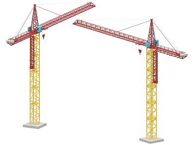 Red And Yellow Tower Cranes With Booms And Masts For Industrial Construction 3d model