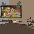 Deer Antler Decorated TV Showing Children Eating From Bowls In Sunlit Room With Trolley