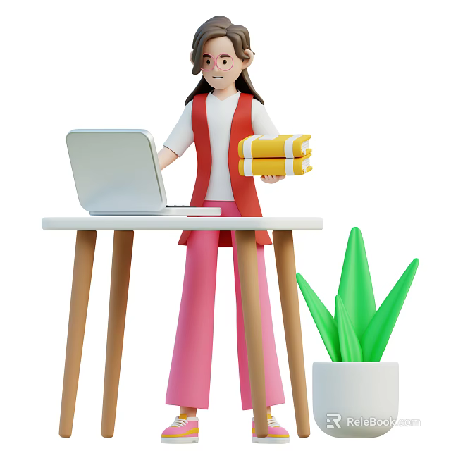 Woman holding yellow books working at desk with open laptop and green plant 3d model 