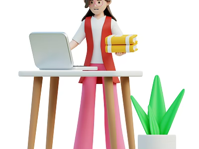 Woman holding yellow books working at desk with open laptop and green plant 3d model