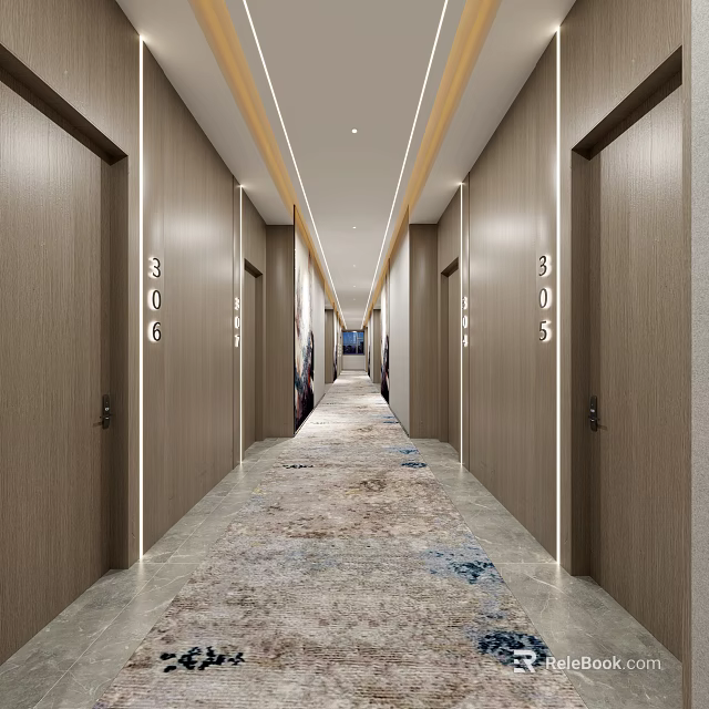 Hotel Corridor with Wooden Doors Room Numbers LED Strip Lights and Luxurious Carpet Design 3d model 