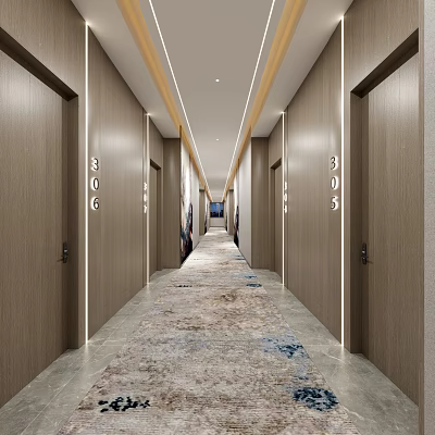 Hotel Corridor with Wooden Doors Room Numbers LED Strip Lights and Luxurious Carpet Design 3d model