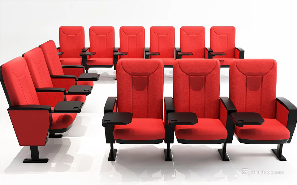 Comfortable Red Public Theater Chairs With Armrests And Tray Tables Arranged Neatly 3d model 