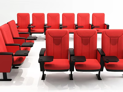 Comfortable Red Public Theater Chairs With Armrests And Tray Tables Arranged Neatly 3d model