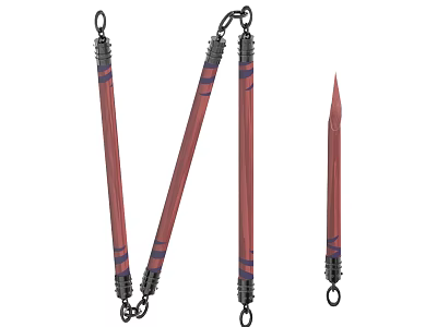 Red Chain Connected Weapons With Long Sticks And Spiked Dagger Design 3d model