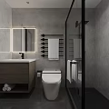 Modern Bathroom Interior With Glass Shower White Toilet Black Vanity Large Mirror And Washing Machine