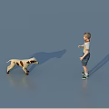 Game Character Boy Standing Holding Object Interacting With Spotted Dog on Blue Surface 3d model