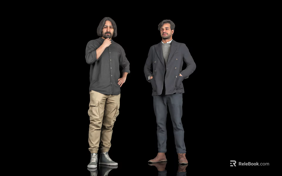 Two Men Standing Against Black Background In Casual And Formal Clothing 3d model 