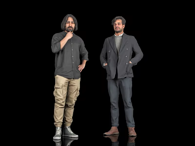 Two Men Standing Against Black Background In Casual And Formal Clothing 3d model