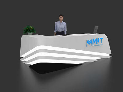 Modern White Curved Reception Desk With LED Light Strips MMT Logo Potted Plant And Laptop 3d model
