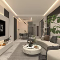 Modern Living Dining Room Interior With Sofa Coffee Table TV Decorative Plant And Soft Lighting