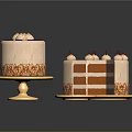 Delicious Layered Cake With Cream Toppings And Decorative Elements On Golden Platters