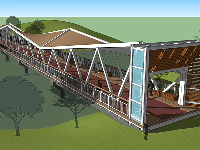 Modern Landscape Bridge With Steel Structure Canopy Red Deck And Glass Railings 3d model
