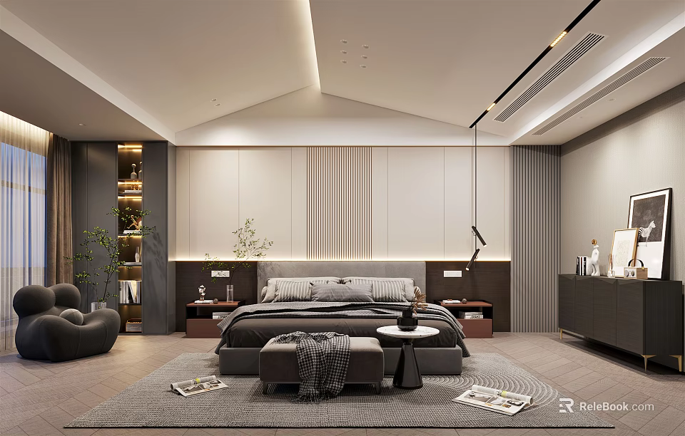 Modern Bedroom Interior Design With King Size Bed Nightstands Area Rug And Floor Lamp 3d model 