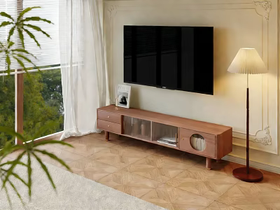 Modern Wooden TV Stand With Drawers Glass Doors And Floor Lamp Near Window 3d model