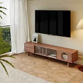 Modern Wooden TV Stand With Drawers Glass Doors And Floor Lamp Near Window