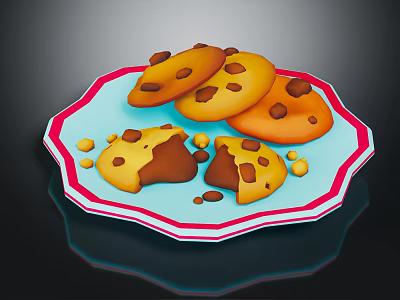 Delicious Chocolate Chip Cookies On Red And White Striped Plate With Crumbled Pieces 3d model