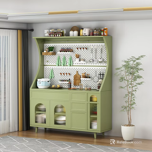 Green Sideboard With Shelves Cabinets And Kitchen Decorations In Dining Room With Potted Plant 3d model 