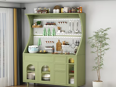 Green Sideboard With Shelves Cabinets And Kitchen Decorations In Dining Room With Potted Plant 3d model