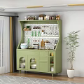 Green Sideboard With Shelves Cabinets And Kitchen Decorations In Dining Room With Potted Plant