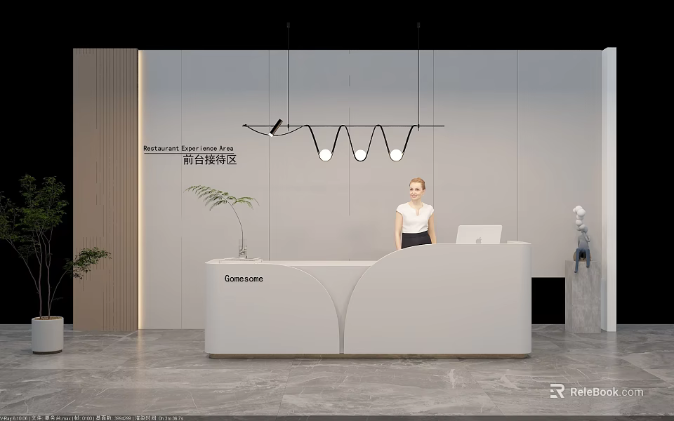 Modern Grand Hotel Front Desk Reception Area With White Curved Counter And Pendant Lights 3d model 