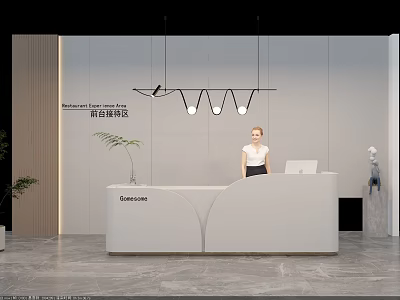 Modern Grand Hotel Front Desk Reception Area With White Curved Counter And Pendant Lights 3d model