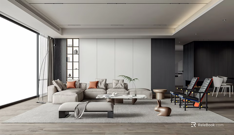 Modern Living Room Interior With Light Gray L Shaped Sofa Throw Pillows And Copper Decor 3d model 