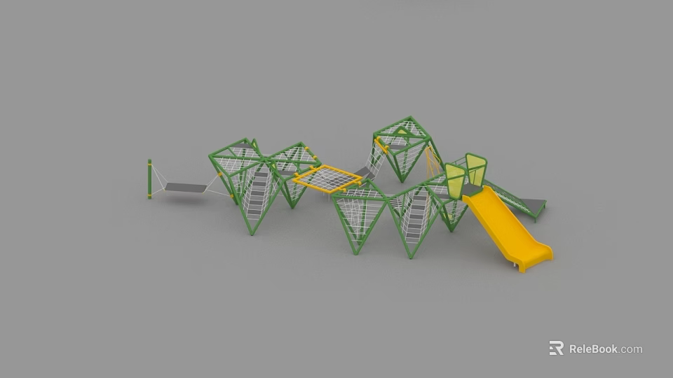 Colorful Playground Equipment With Green Metal Frames Yellow Slide And Climbing Nets 3d model 