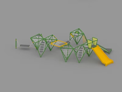 Colorful Playground Equipment With Green Metal Frames Yellow Slide And Climbing Nets 3d model