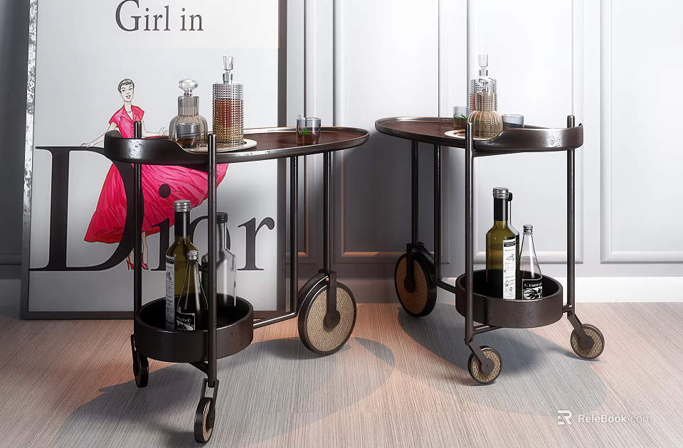 Elegant Vintage Bar Carts With Wheels And Wine Bottles For Home Decor 3d model 