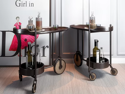 Elegant Vintage Bar Carts With Wheels And Wine Bottles For Home Decor 3d model