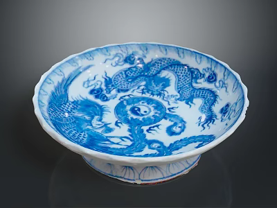 Hand Carved Blue And White Porcelain Plate With Dragon Sculpted Patterns 3d model