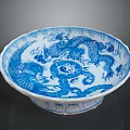 Hand Carved Blue And White Porcelain Plate With Dragon Sculpted Patterns