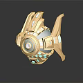 3D Rendered Futuristic Golden Device With Blue Glowing Elements And Reflective Base