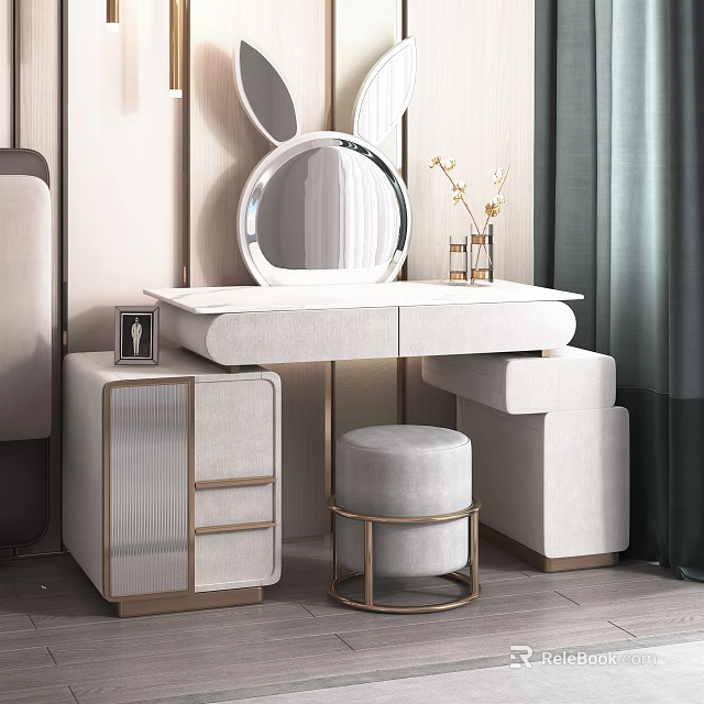 Modern Dressing Table Interior With Round Mirror Gold Frame And Matching Stool Cabinet 3d model